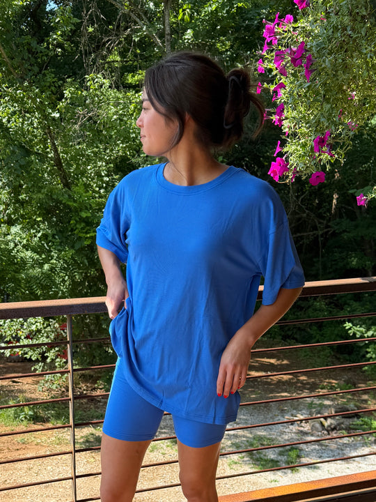 Neon Ribbed Mama Oversized Tee Cobalt