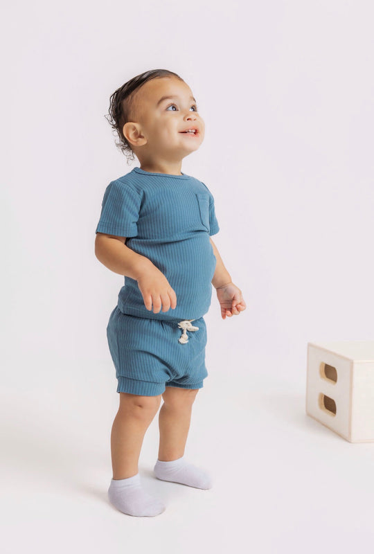 Steel Blue Ribbed Bummy Set
