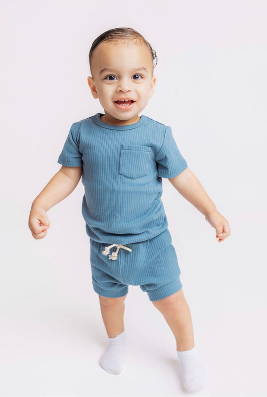Steel Blue Ribbed Bummy Set